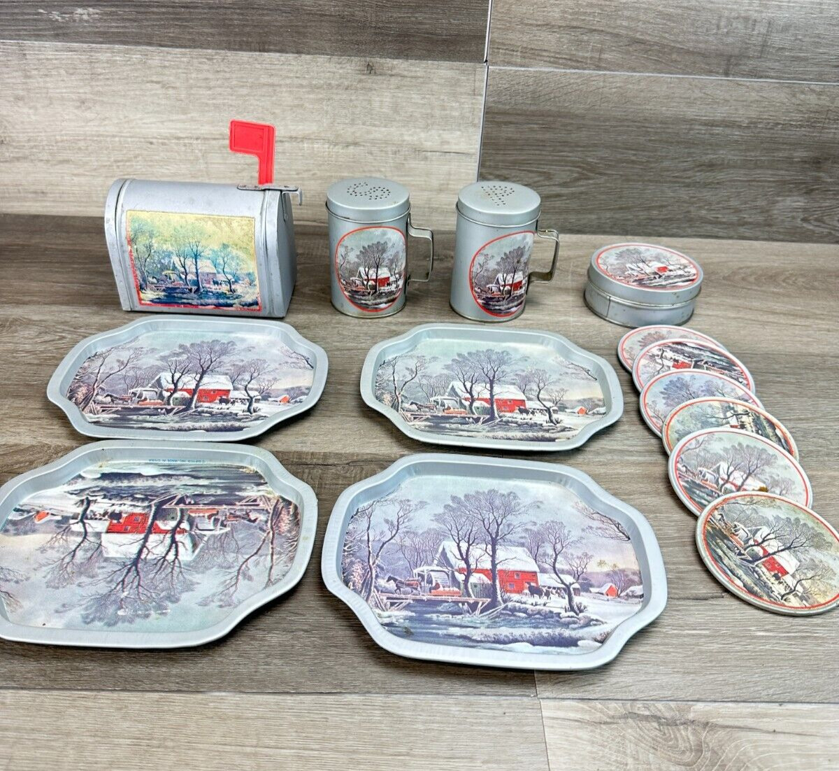 Vintage Currier and Ives Snack Trays Salt and Peper Shacker Coasters Mailbox Lot
