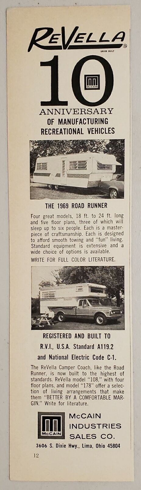 1969 Print Ad Revella Road Runner Travel Trailers & Truck Camper McCain Lima,OH