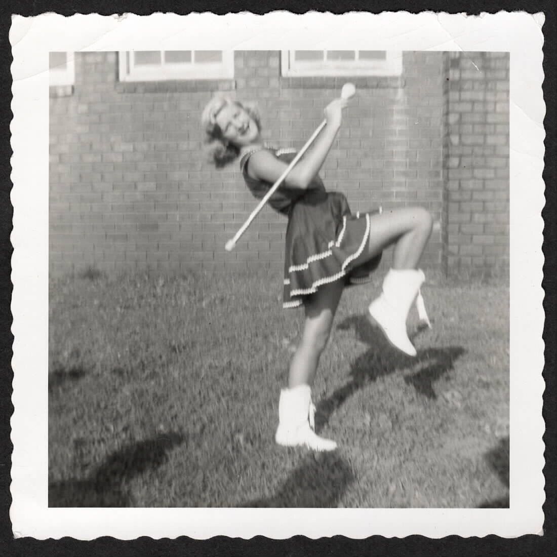 Young Lady Backyard Majorette Practice Demonstration: Vintage SNAPSHOT Photo