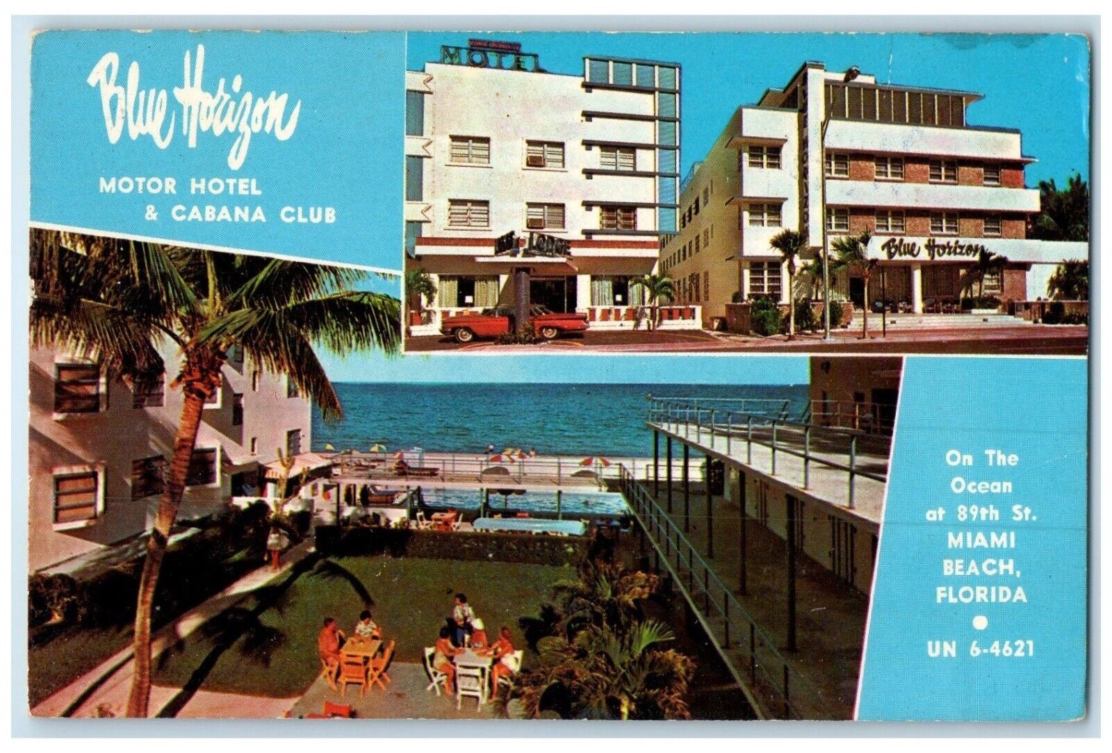 c1960 Blue Horizon Motor Hotel Cabana Club Exterior Miami Beach Florida Postcard
