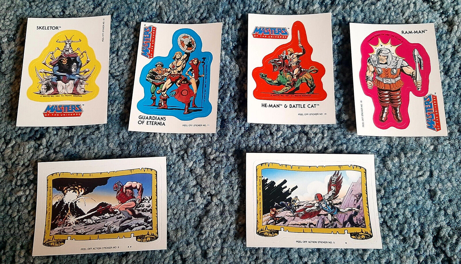 LOT of (6) 1984 TOPPS MASTERS OF THE UNIVERSE STICKER CARDS ~ HE-MAN & SKELETOR