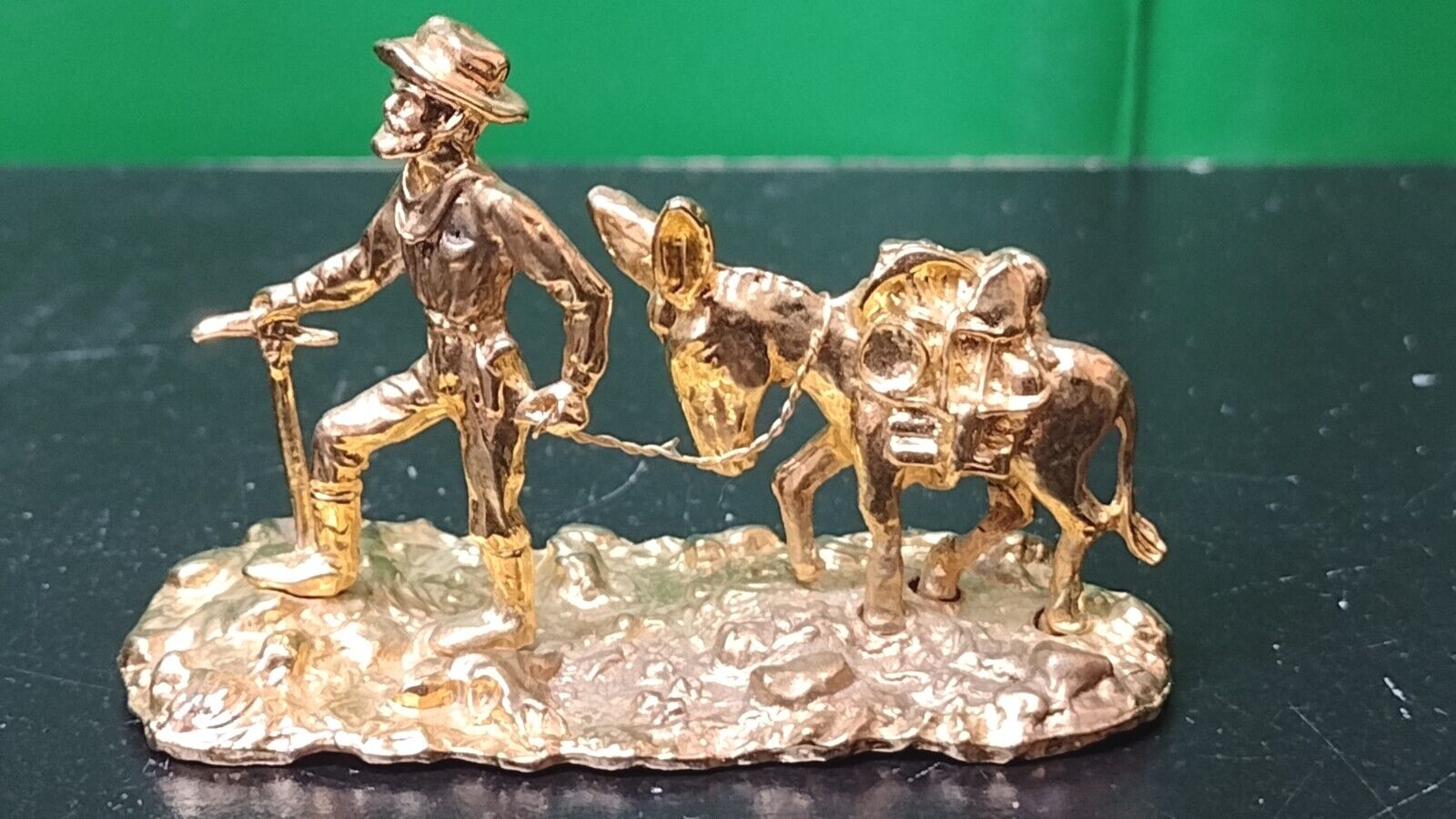 Vintage Golden Metal Gold Rush Miner with Donkey Figurine/ Mining Decoration