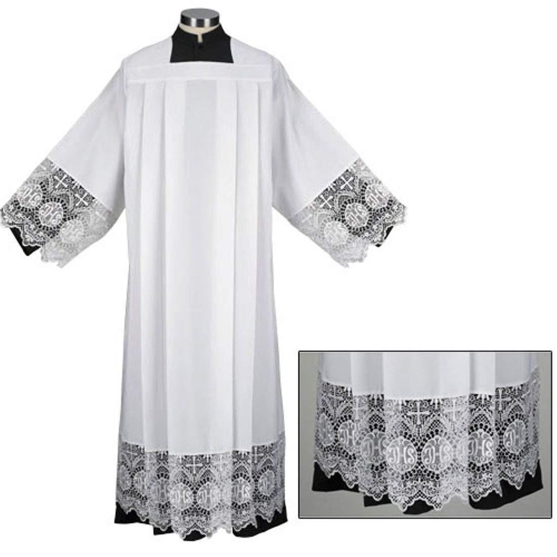 Liturgical Church Garment Polyester and IHS Lace Box Pleated Alb, Large