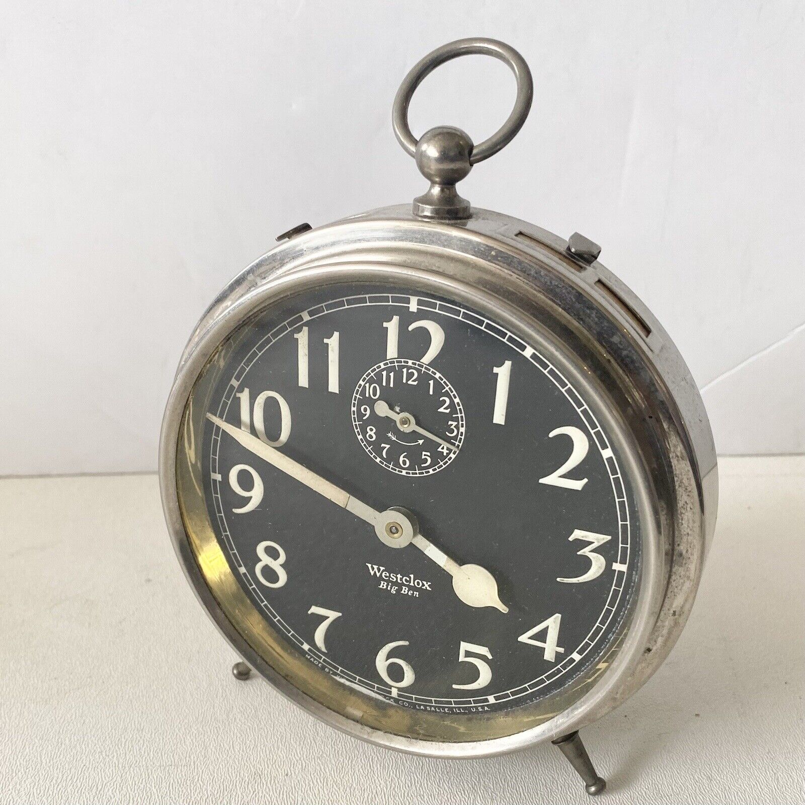 1925-30 WESTCLOX BIG BEN Mod. 1a Alarm Clock Nickel Black Radium Dial Works