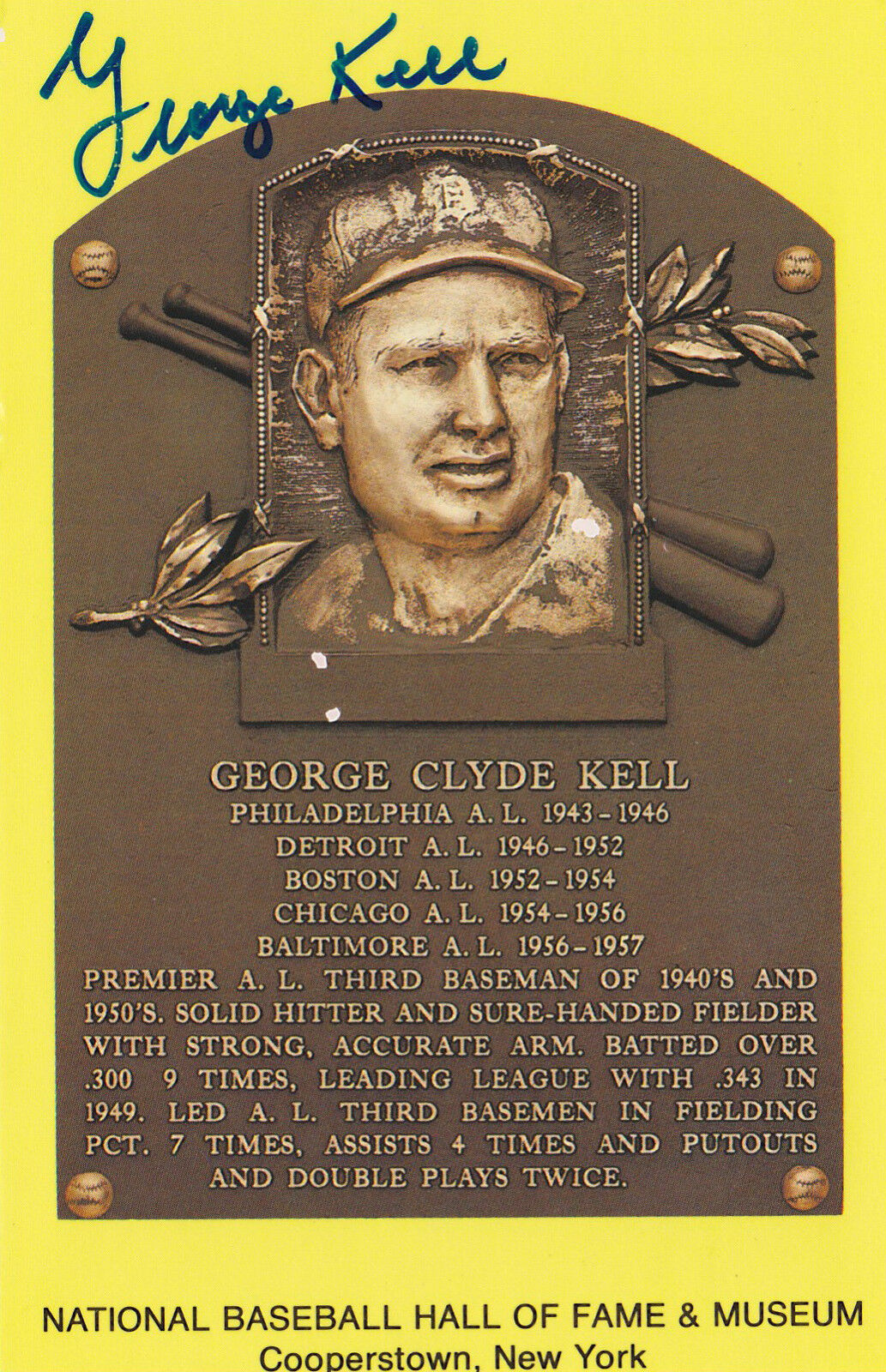 GEORGE KELL SIGNED BASEBALL HALL OF FAME PLAQUE CARD TIGERS A\'s SOX HOF JSA AUTO