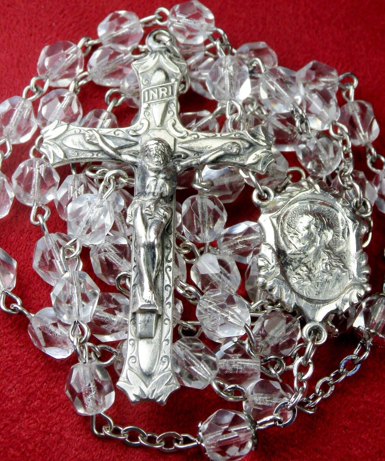 Bertha’s Vintage RARE Sterling SILVER CLEAR Crystal Catholic Five Decade Rosary