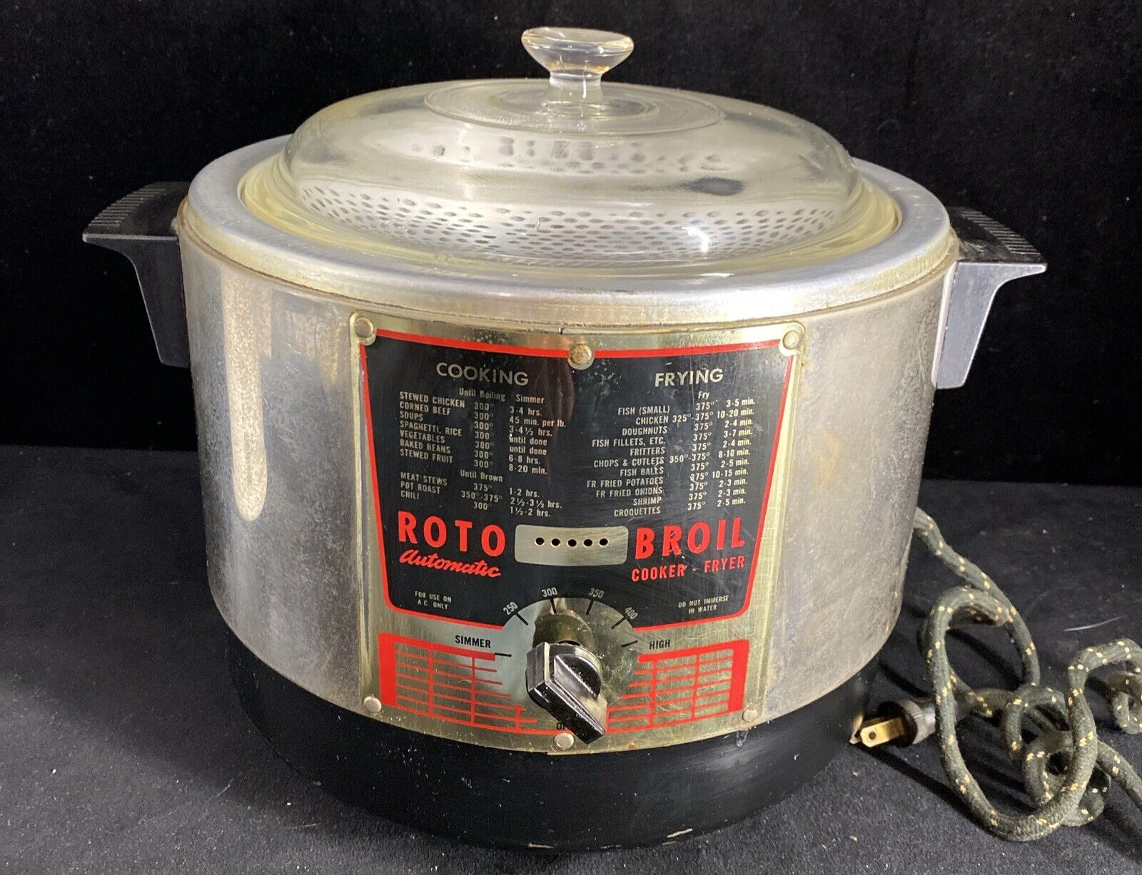 Vintage ROTO BROIL Cooker/ Fryer with basket, glass lid Needs Handle Works