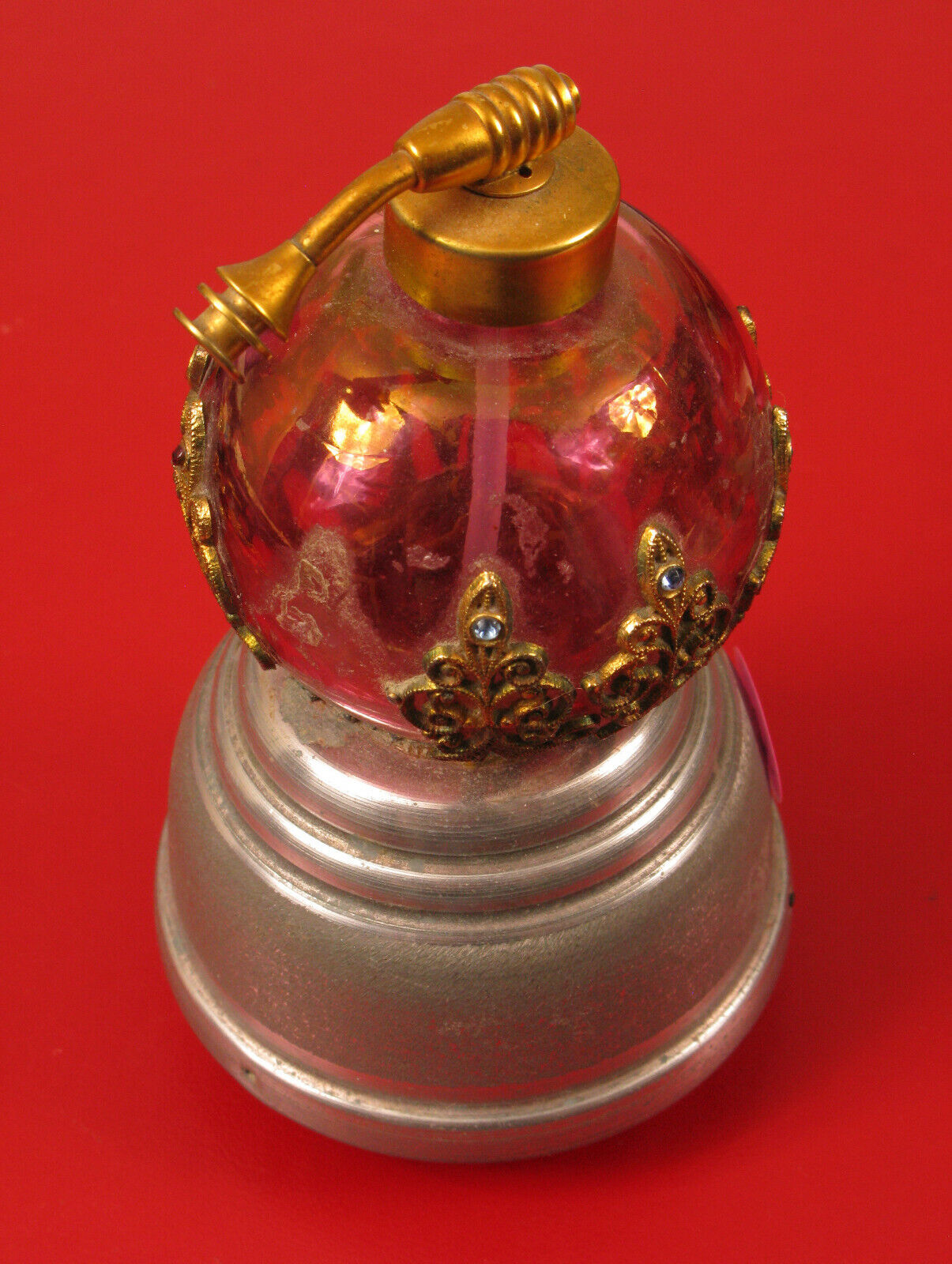 VINTAGE PINK GLASS PERFUME DECANTER BOTTLE MUSIC BOX WOW 