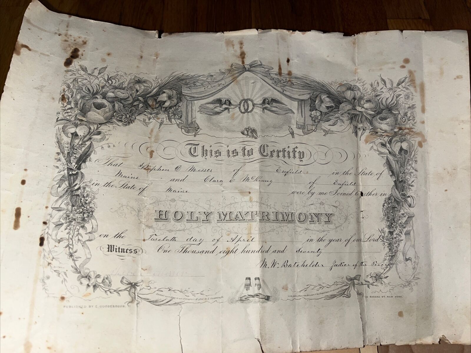 Antique 1870 Enfield Maine ME Marriage Certificate Messer New England Genealogy