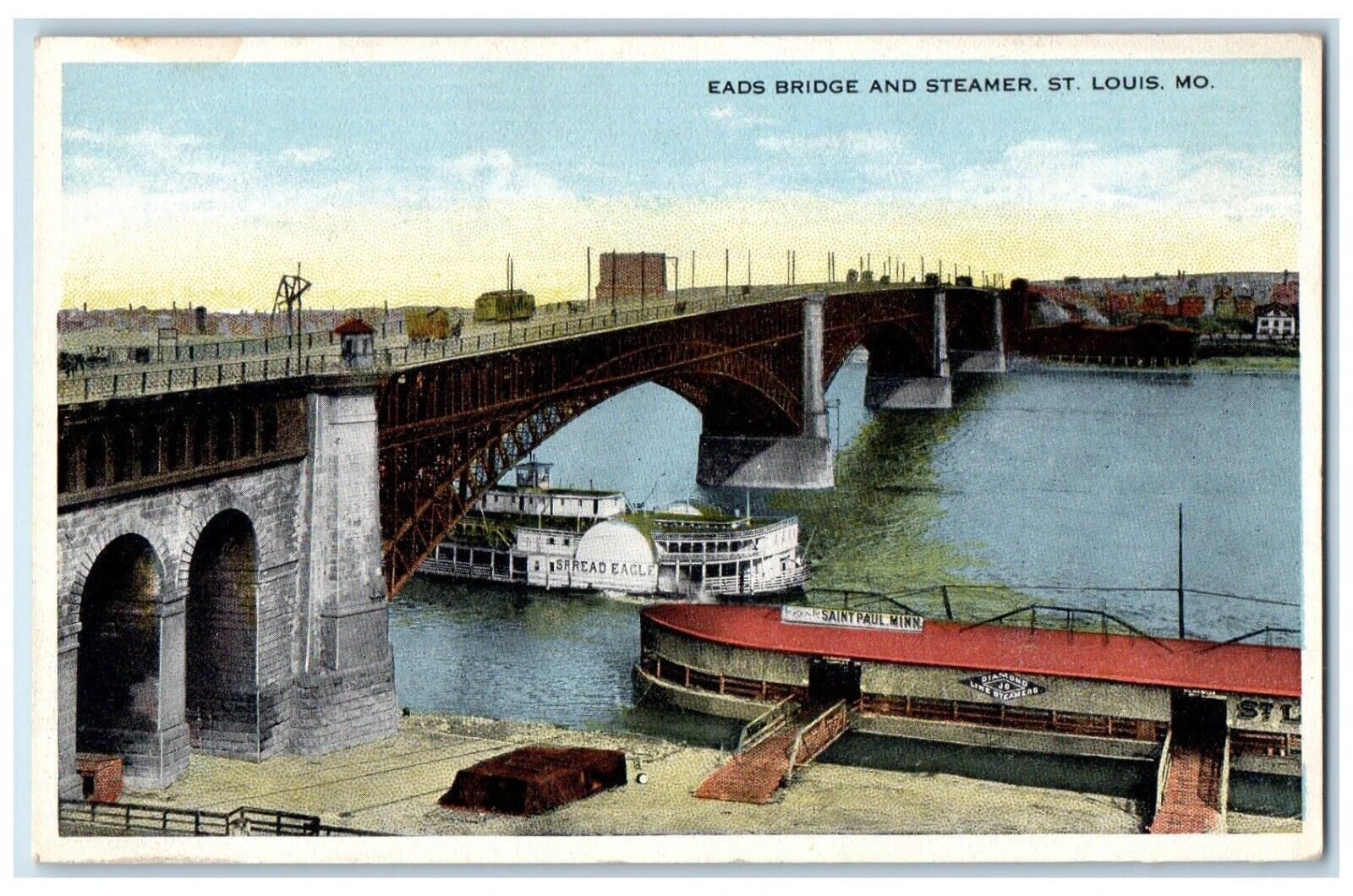 c1910 Eads Bridge Steamer Spread Eagle Trolley Car St Louis Missouri MO Postcard