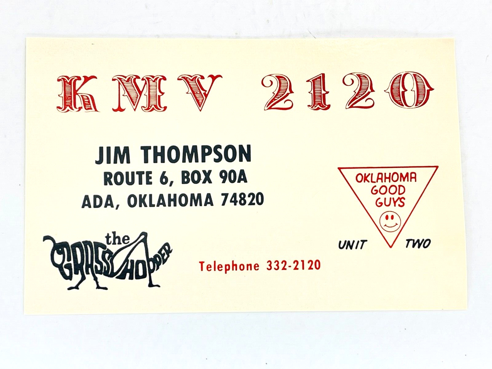 Vintage QSL Card Ham CB Amateur Radio KMV 2120 Jim Thompson Grasshopper Oklahoma
