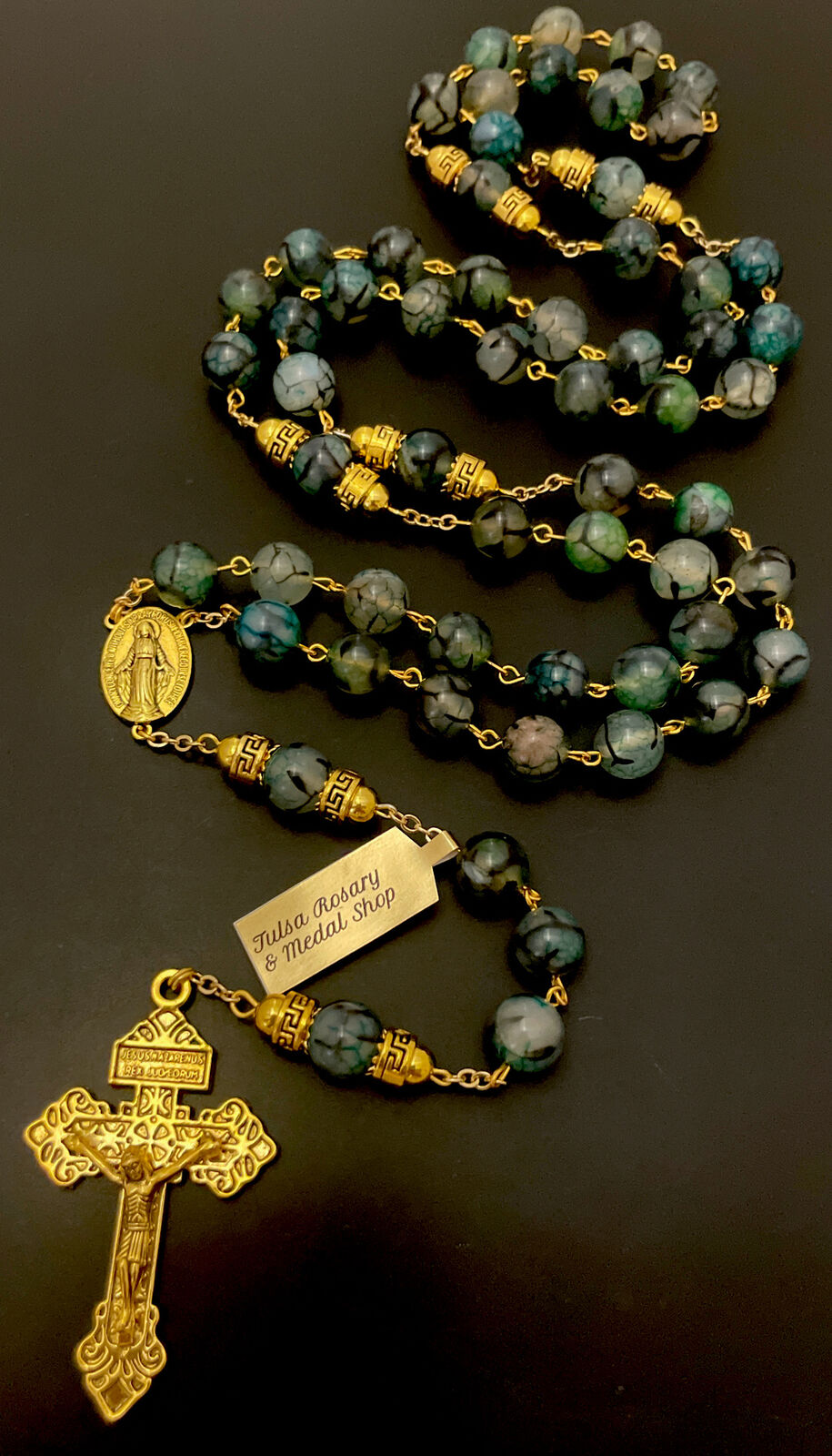 Semi Precious Teal Dragon Vein 10mm Stone Rosary Gold Tone Pardon Crucifix w/Tag
