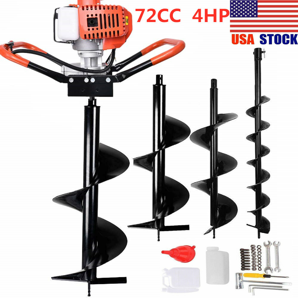 New 72CC 4HP Gas Powered Post Hole Digger with 4\" 8\" 12\" 3Bits Power