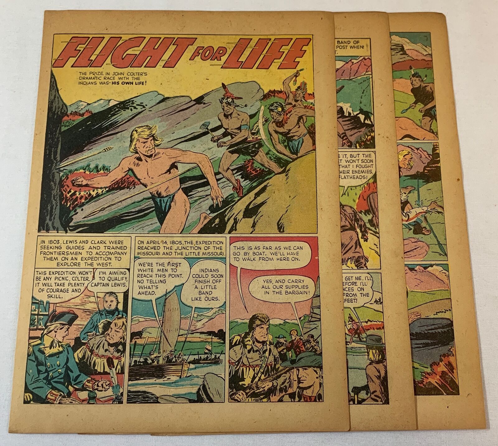 1943 six page cartoon story~ JOHN COLTER Flight For Life from Indians
