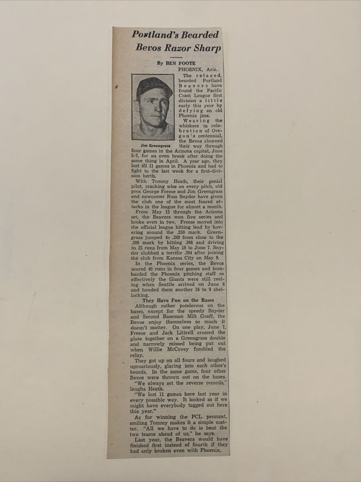 Jim Greengrass Portland Beavers 1959 Sporting News Baseball 2X9 Panel