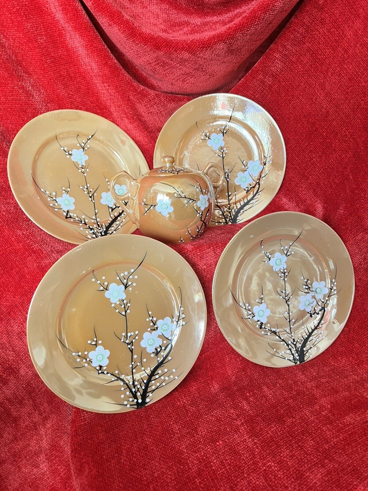 VTG 4 LUSTERWARE Luncheon Plates & Sugar bowl Hand-painted Japan Cherry Blossoms