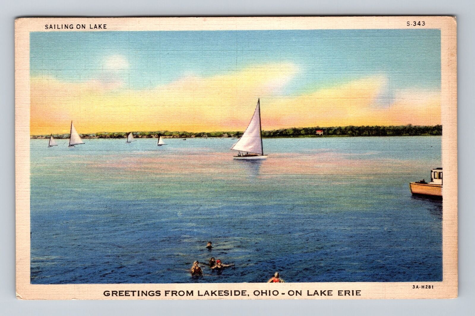 Lakeside OH-Ohio, Scenic Greeting, Sailing on Lake Erie, Vintage c1939 Postcard