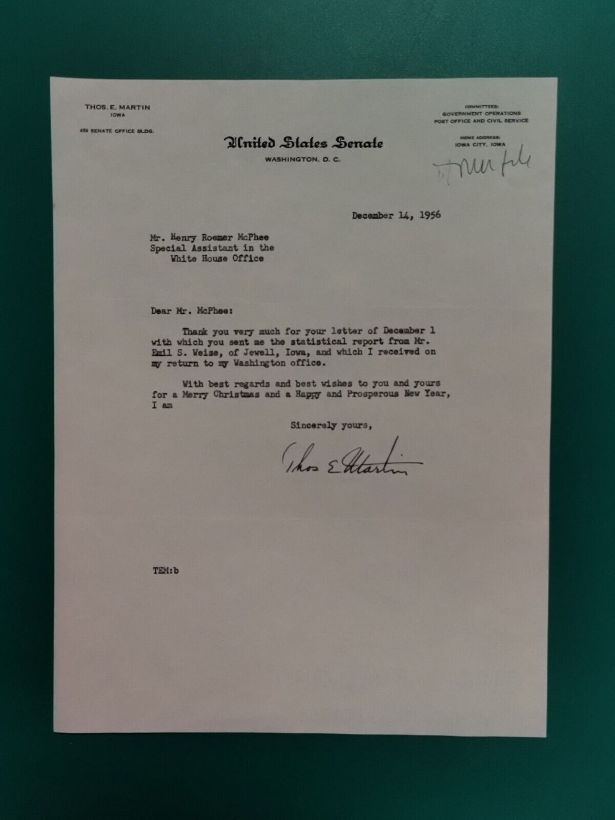 1956 Iowa Republican Senator Thomas Martin Autograph Signed Letter White House