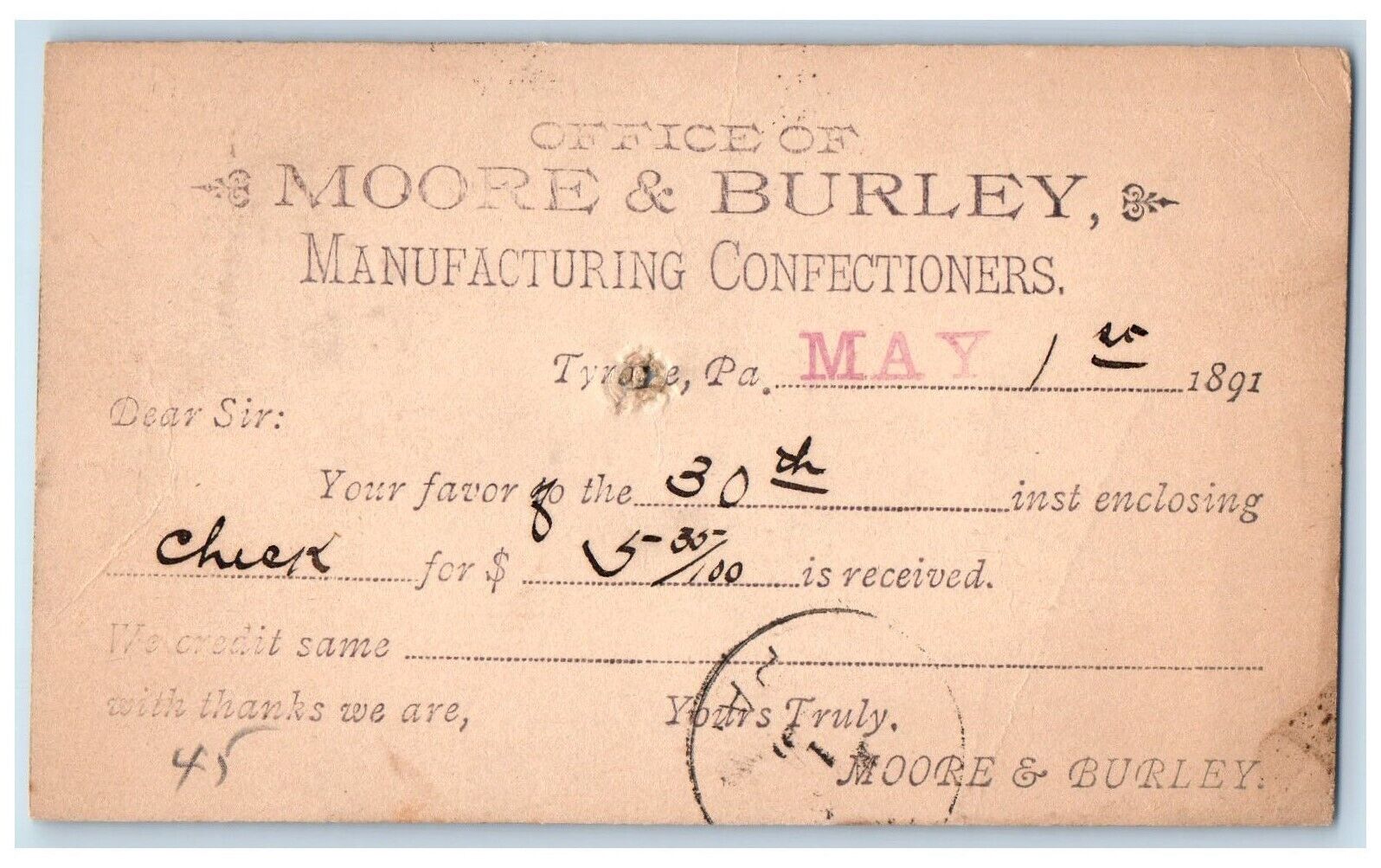 1891 Office of Moore & Burley Candy Maker Confectioners Tyrone PA Postal Card
