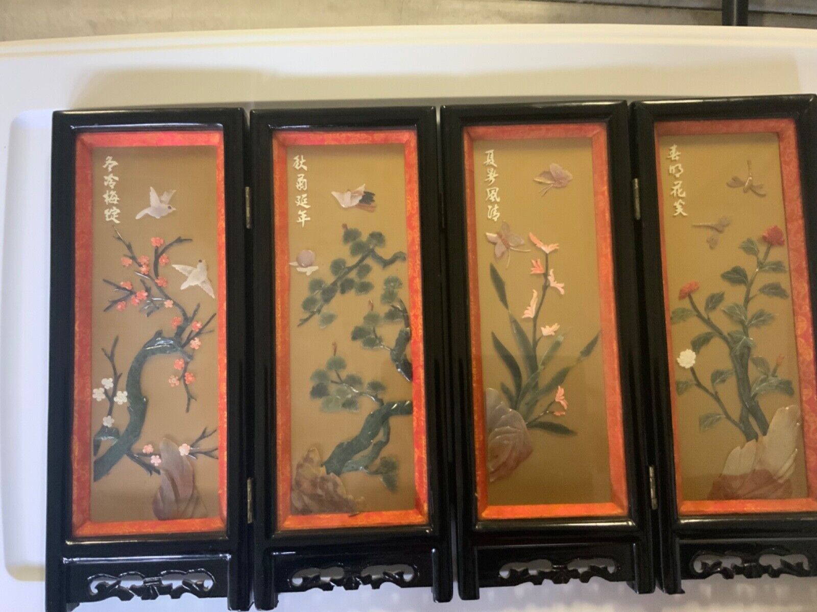Vintage Asian Miniature Room Divider Screen Hand Painted Reversible Decor