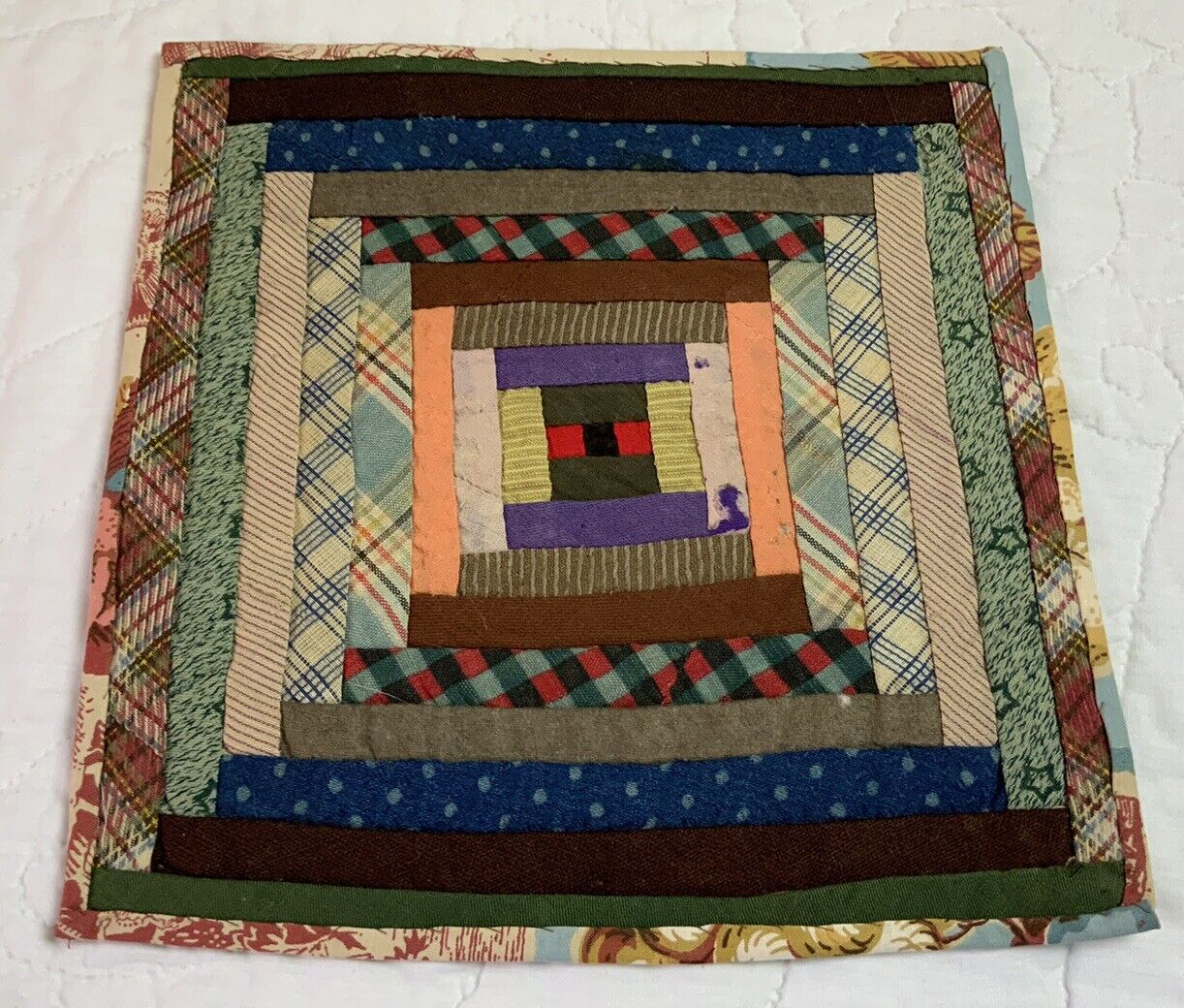Vintage Antique Patchwork Quilt Table Topper, Log Cabin, Early Calicos, Nice