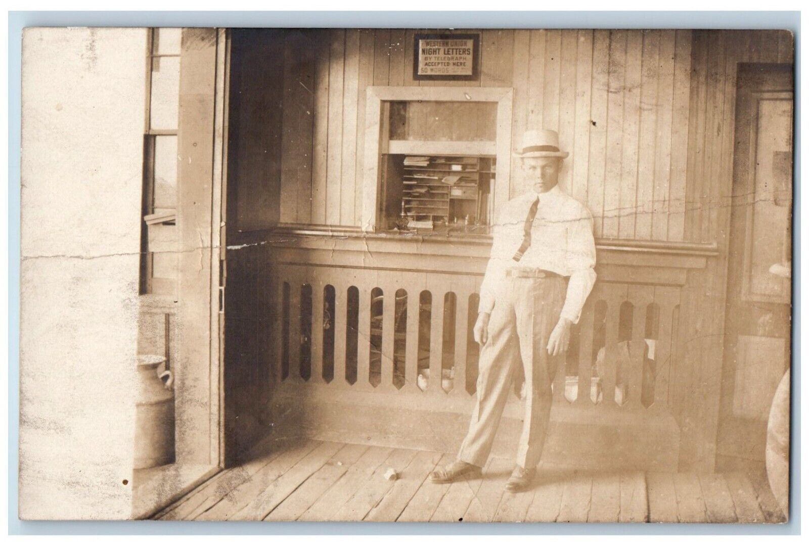 c1910's Postcard RPPC Photo Western Union Office Depot Interior Man Antique