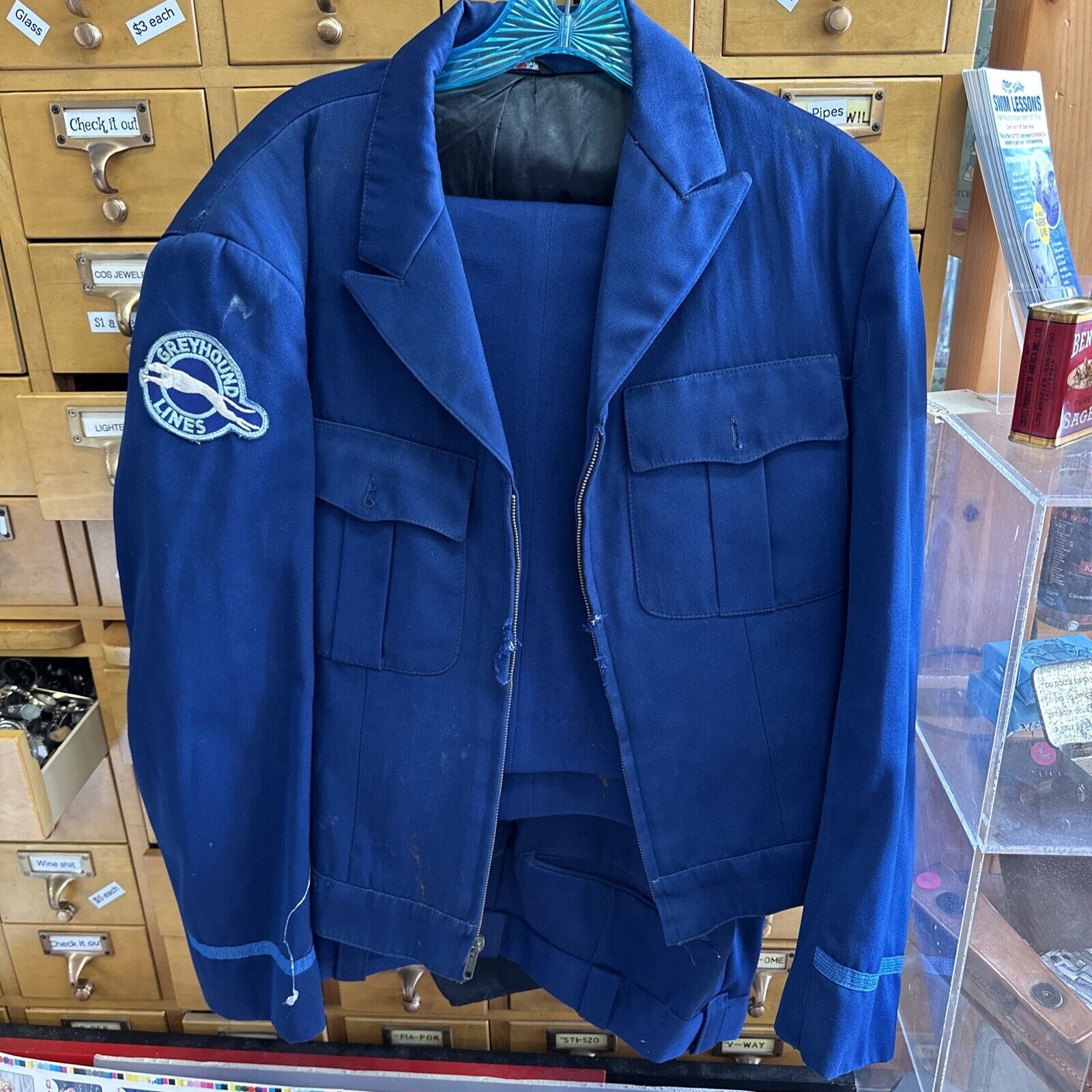 Vintage Greyhound Bus Lines Blue Jacket Blazer w/Shoulder Logos -blue Pants Sz ?