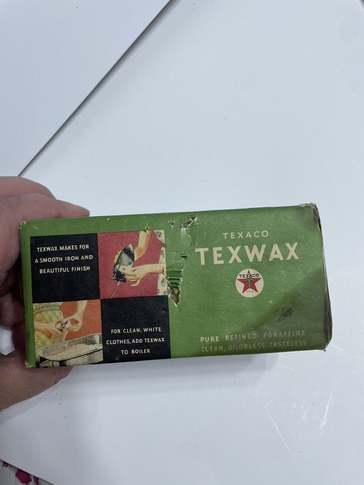 Vintage TEXACO 1 pound TEXWAX Pure Refined Paraffin wax package Green Display