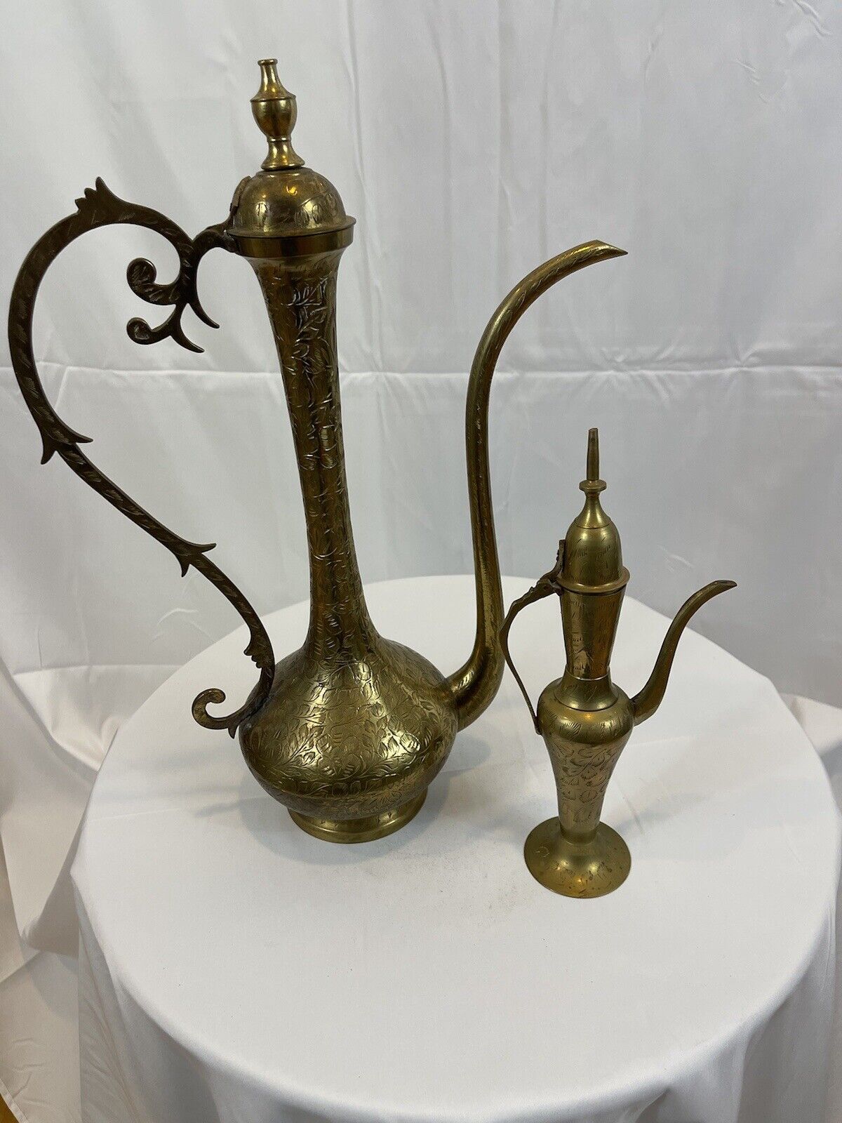 Vintage Set Of 2 Engraved Etched Brass Surahi Dallah Tea Coffee Pots India