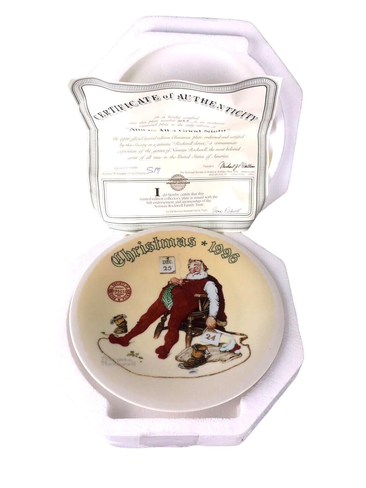 Knowles Norman Rockwell 1996 Christmas Plate AND TO ALL A GOOD NIGHT MIB COA
