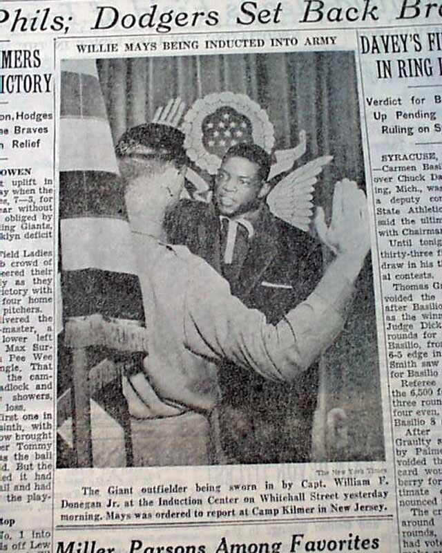 WILLIE MAYS New York Giants Baseball Joins the United States Army 1952 Newspaper