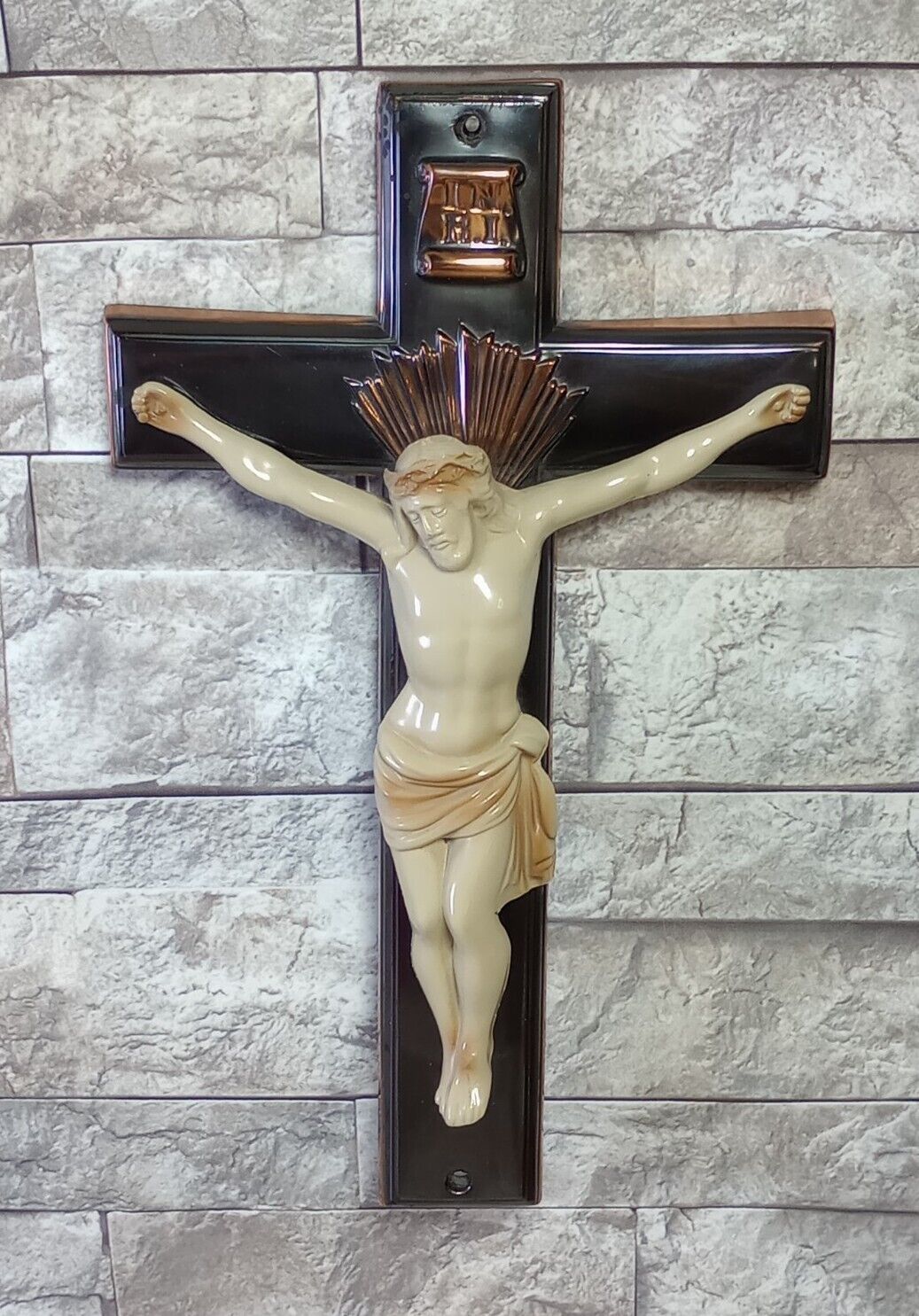 Vintage Religious Metal Crucifix Enamel Covered Jesus Easter Heavy 13