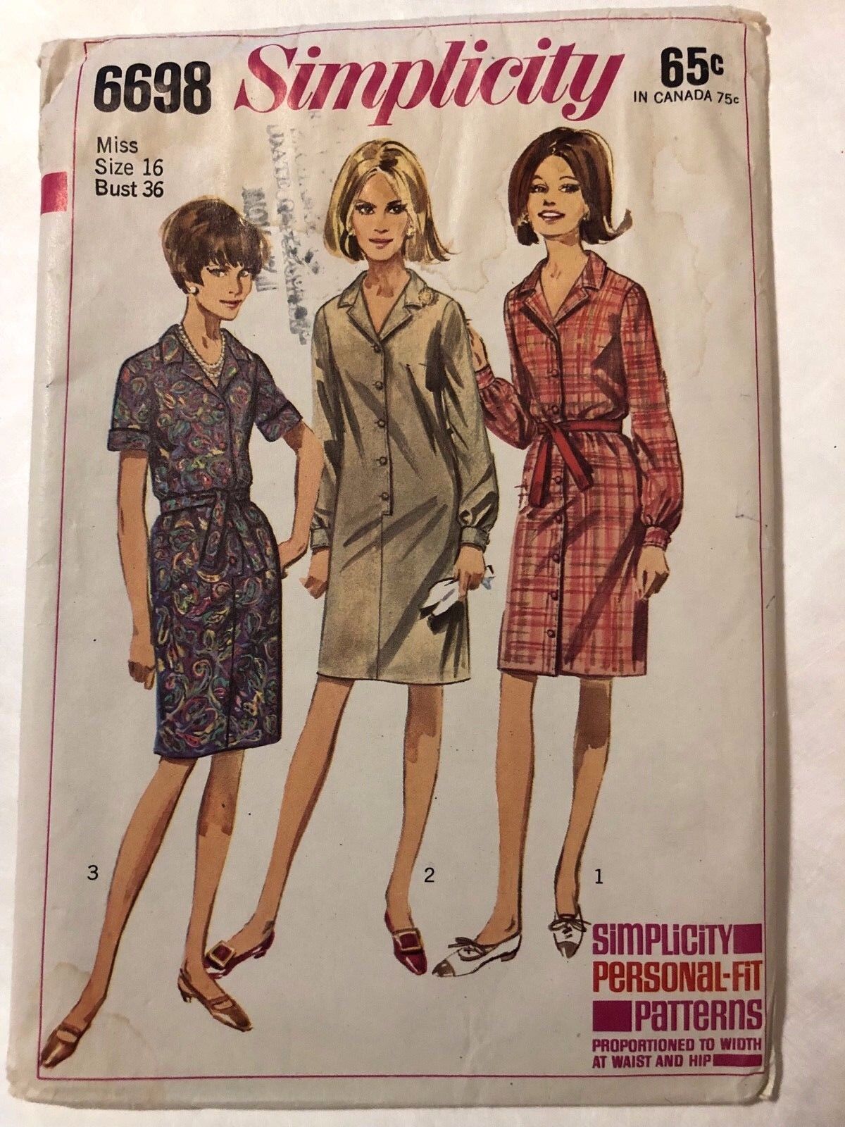Vintage 1966 Simplicity Pattern 6698 Women's Belted Dress Sewing Clothes Size 16