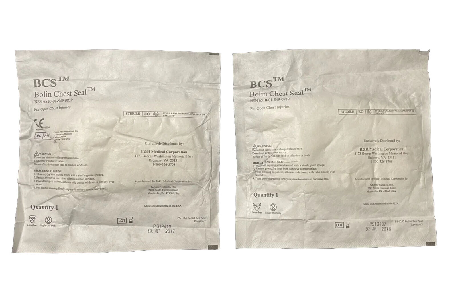 *2-Pack* H&H Medical Bolin Chest Seal BCS Sterile Wound Dressing EXP 2016-2018