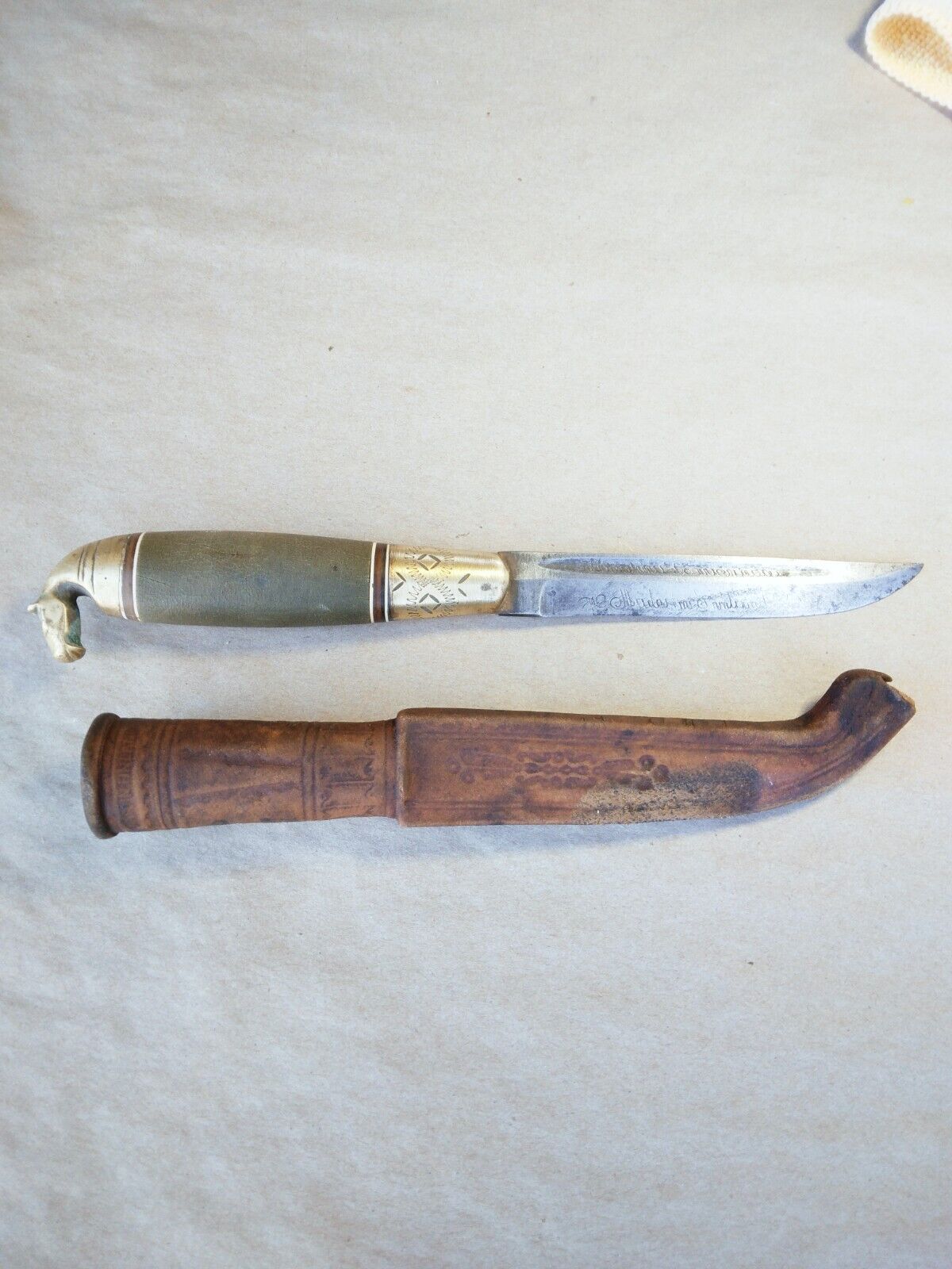 Vintage Lisakki Jarvenpaa Horsehead Puukko Fixed BLade Knife and Sheath