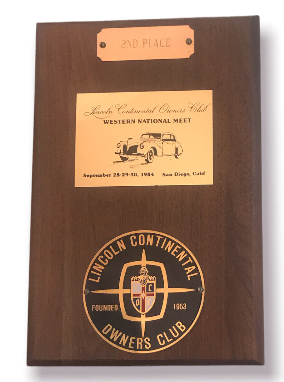 1984 LINCOLN CONTINENTAL OWNER'S CLUB  2nd Place Award Plaque San Diego, CA