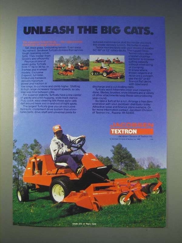 1989 Jacobsen Turfcat Mower Ad - Unleash the big cats