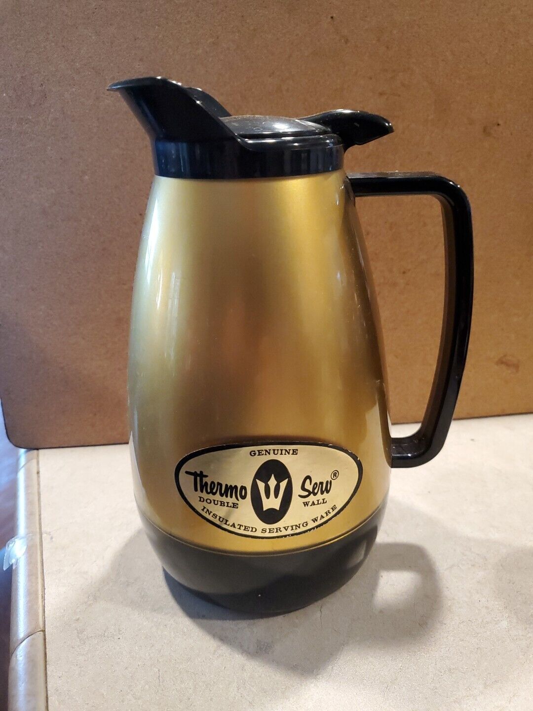 Vintage Thermo Serv 1970s Insulated Plastic Coffee Carafe Pitcher Black Gold 