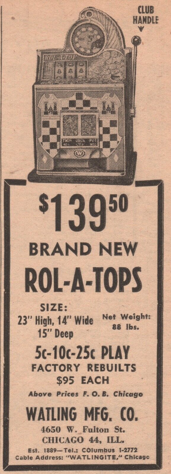 1950 Vintage WATLING MFG ROL-A-TOPS SLOT GAMES CARNIVALIES NOVELTIES Print Ad
