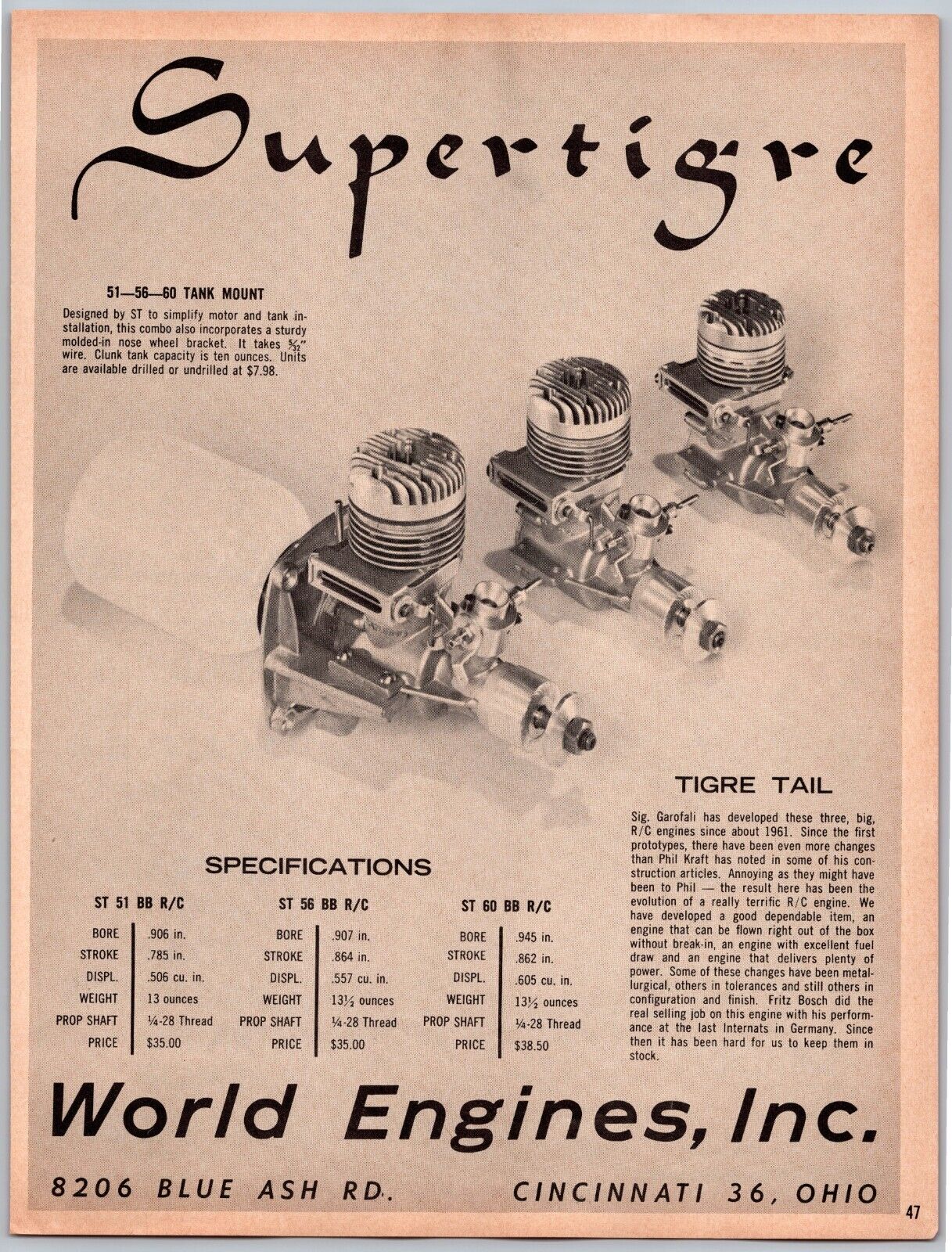 World Engines Inc. Supertigre Model Engines Vintage Mar, 1965 Full Page Print Ad