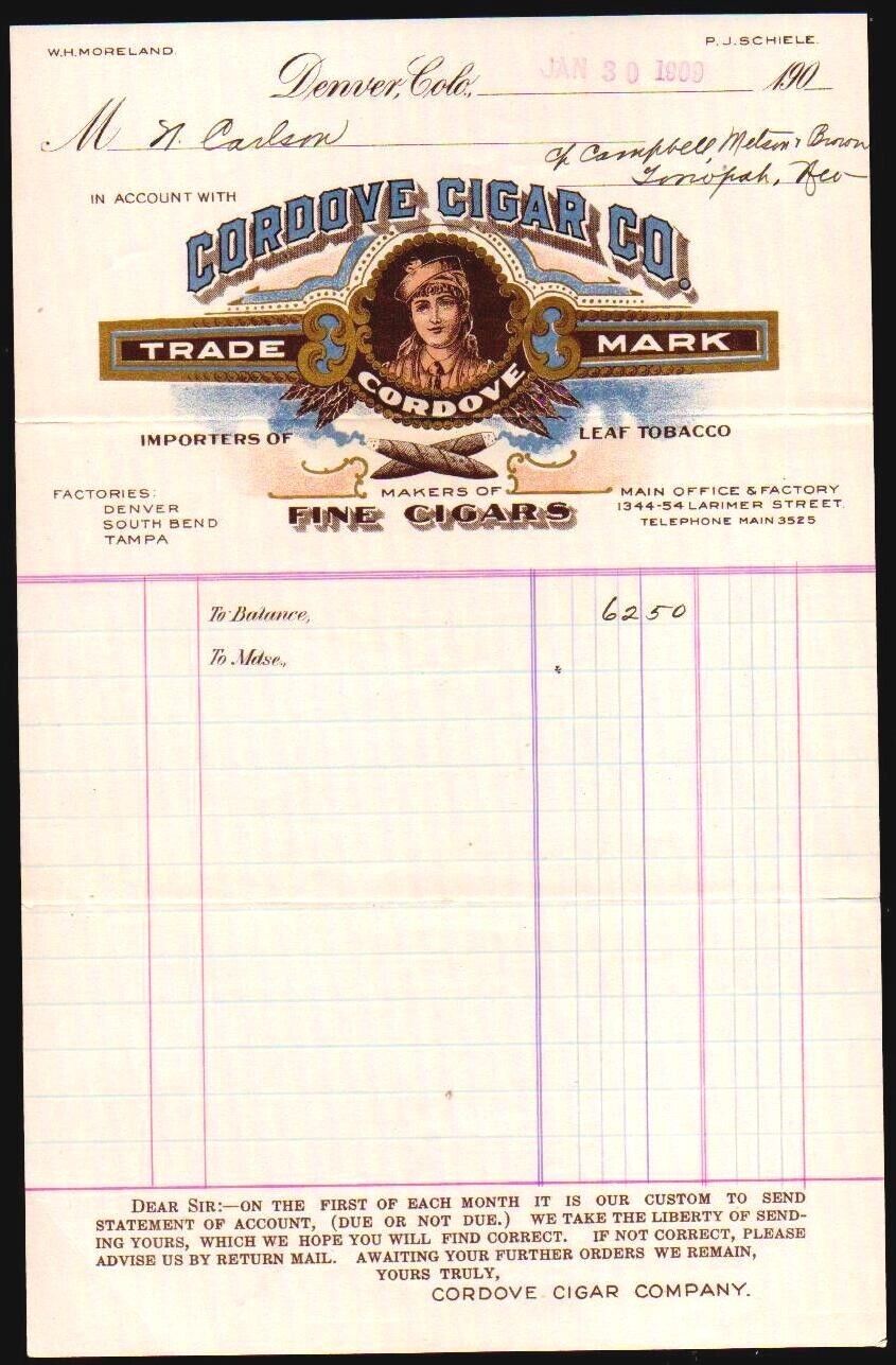 1909 Denver Co - Cordove Cigar Co - W H Moreland - Color Rare Letter Head Bill