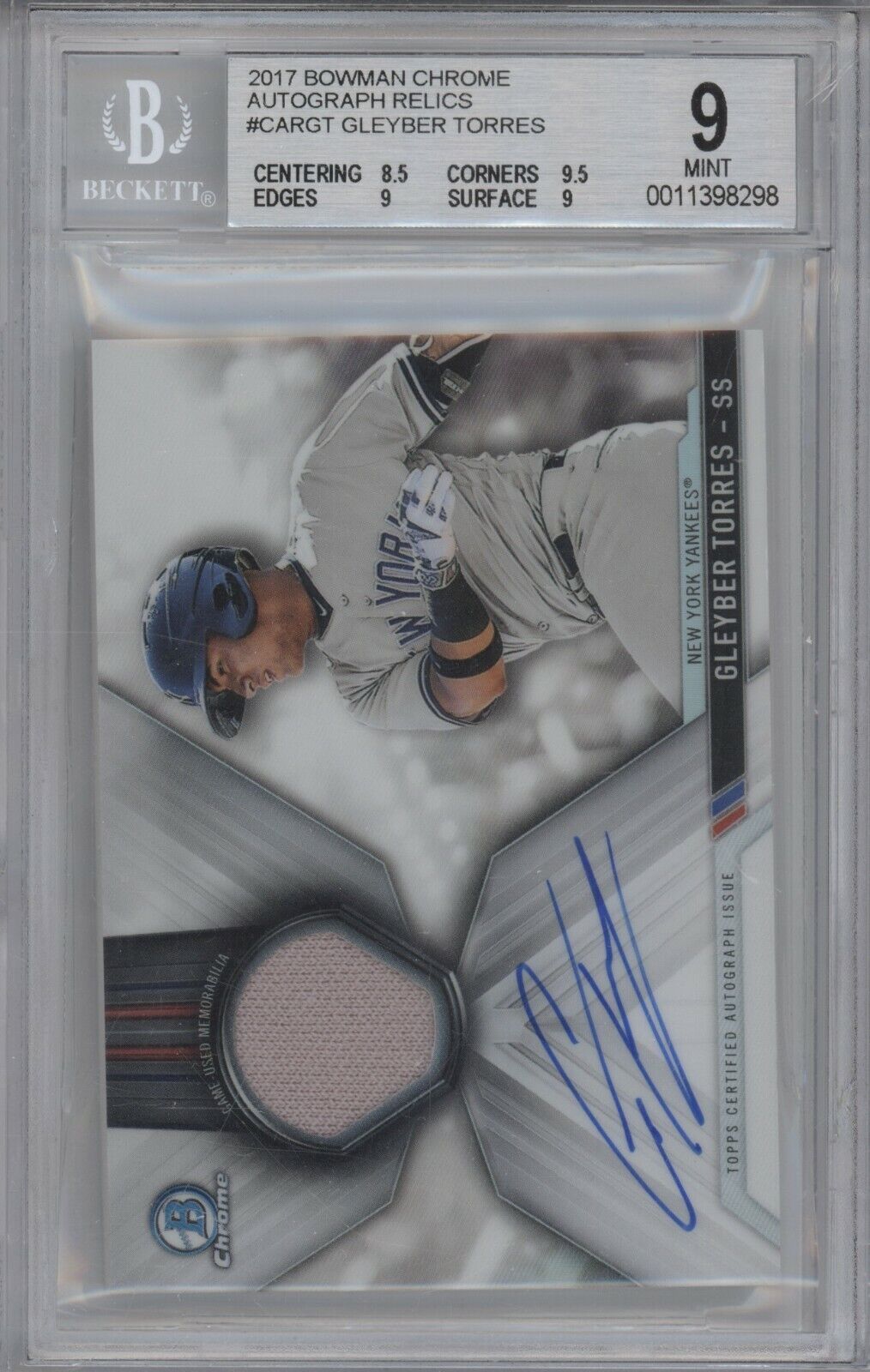 GLEYBER TORRES 2017 BOWMAN CHROME RELIC AUTO #CARGT /150 BGS 9 10 YANKEES