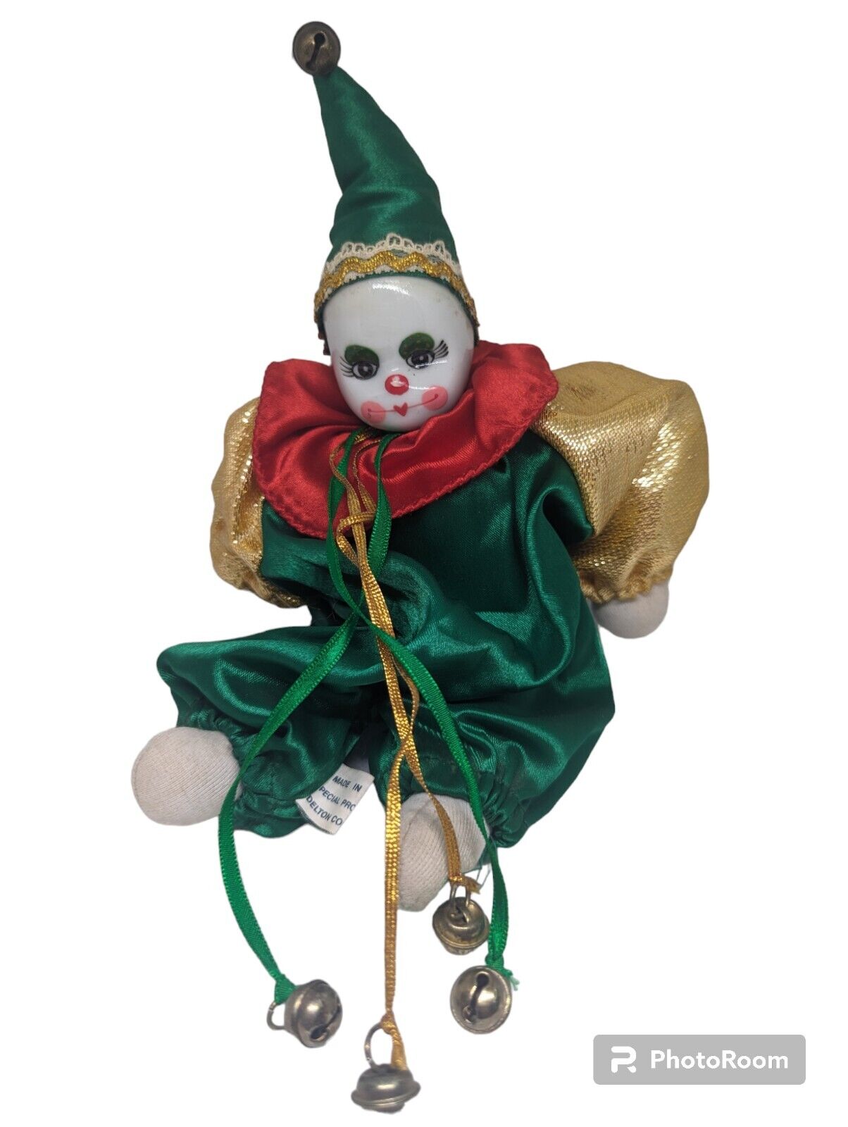 Vintage Delton Corporation Red Green Gold Jester Ceramic/Cloth Clown Doll...