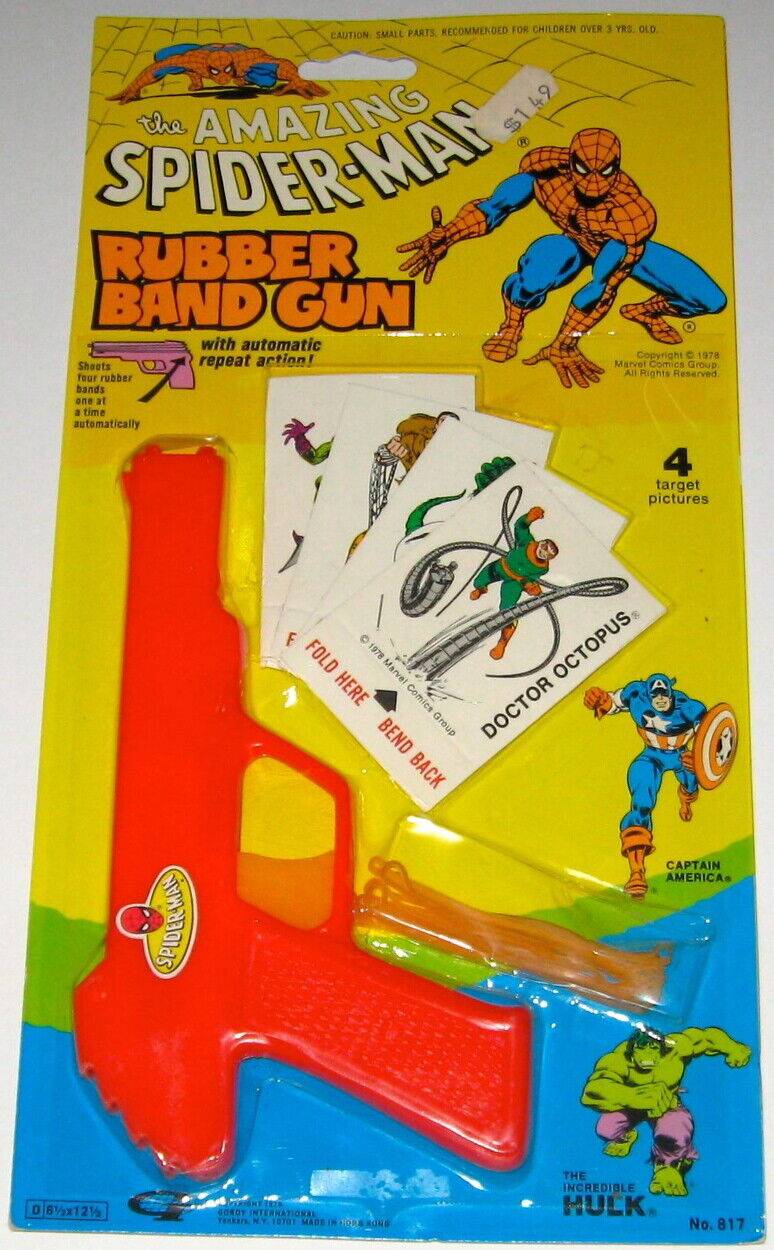 1978 Amazing Spider-Man Gordy Rubber Band Gun ~ John Romita Sr. Package Art