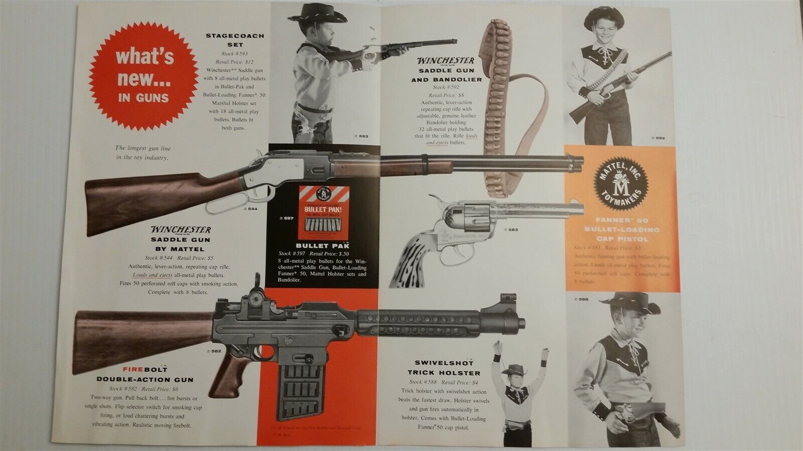 1958 PAPER AD 4 PG Brochure Mattel Toy Winchester Rifle Cap Gun Fanner 50 Pistol