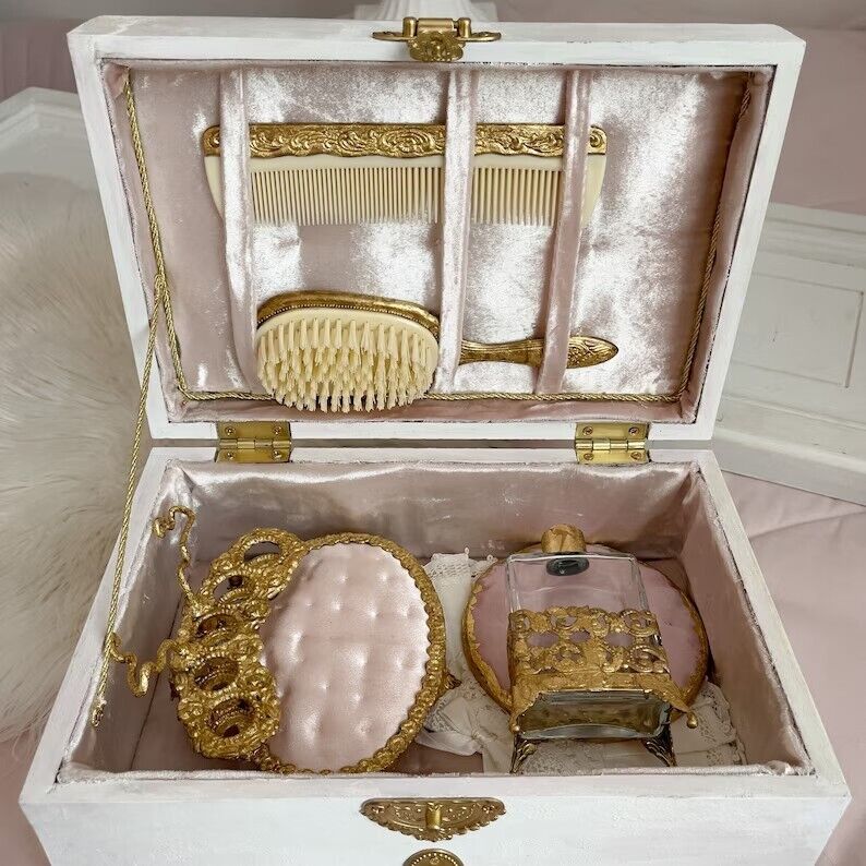 Rare Parisian Chest with Antique Vanity Set 24k gold/ vintage make up/antique