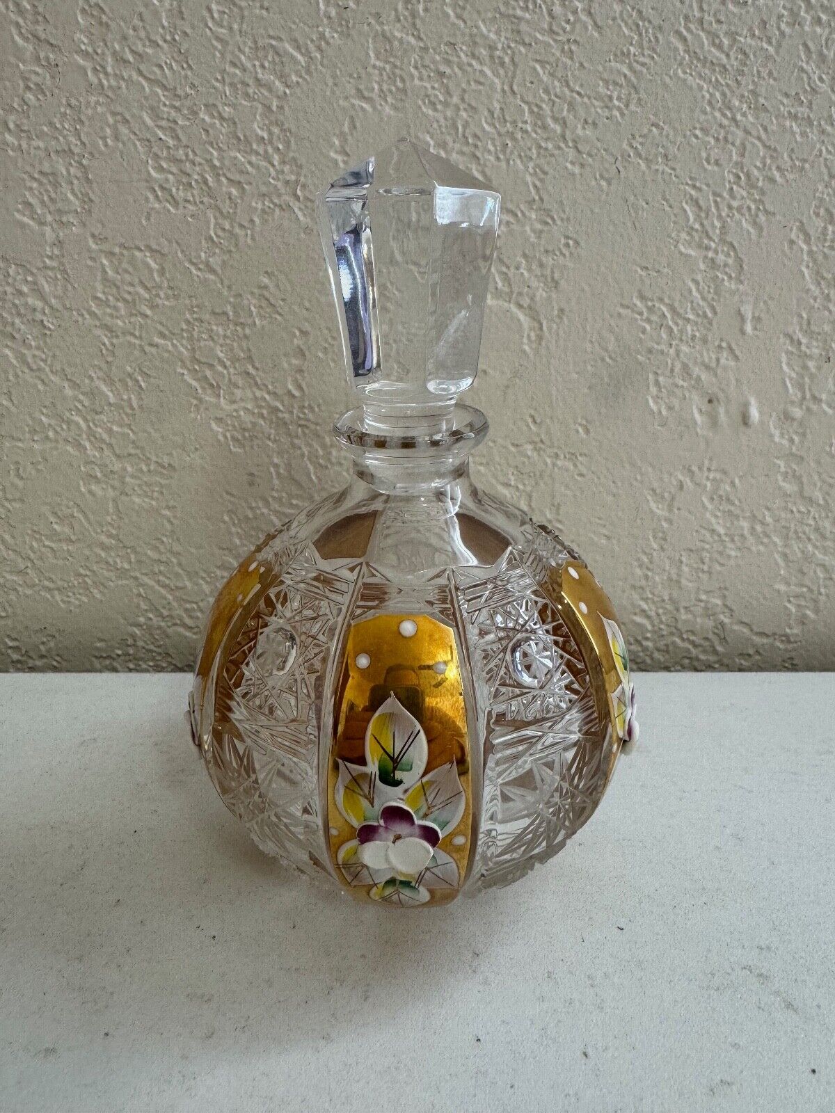 Vintage Caesar Crystal Glass Perfume Bottle w/ Gold & Floral Enamel Decoration
