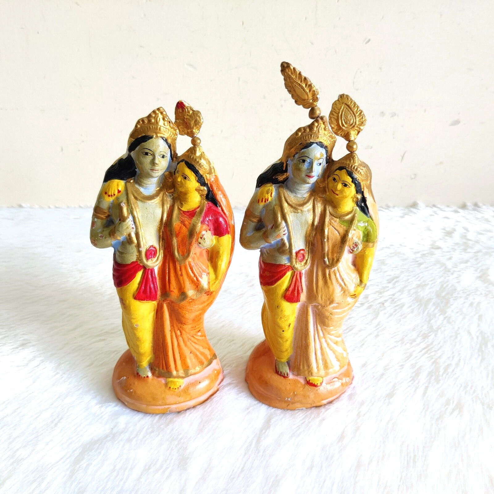 Antique Handmade Painted Lord Krishna Radha Terracotta Figure Pair Rare TC156