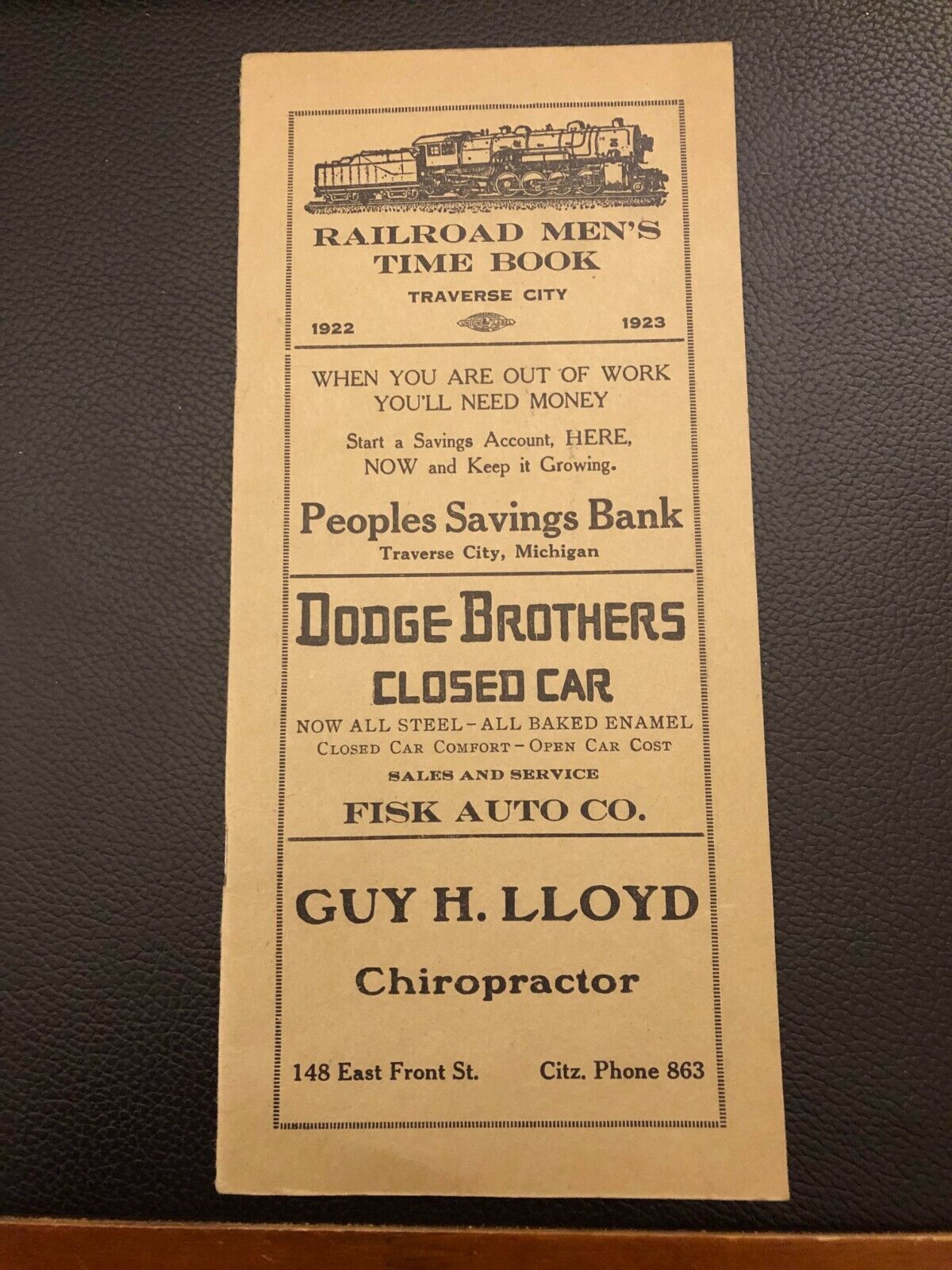 Antique 1922-1923 Traverse City Michigan Advertising, Railroad Mens Time Book