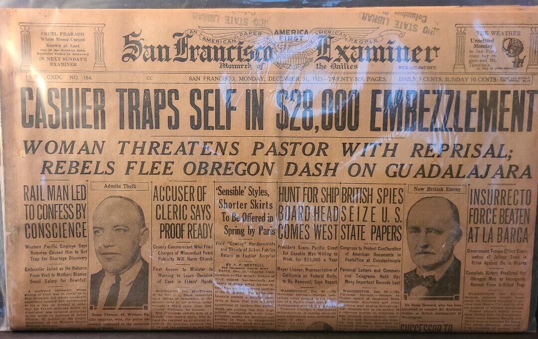 Original Historic Newspaper - SAN FRANCISCO EXAMINER - Dec 31, 1923 - Keepsake